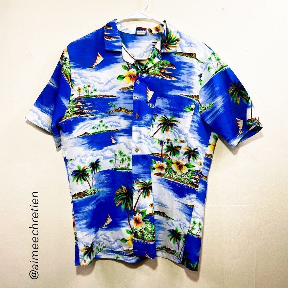Big Sur California Blue & White Floral Island Palm Tree Aloha Shirt Size M